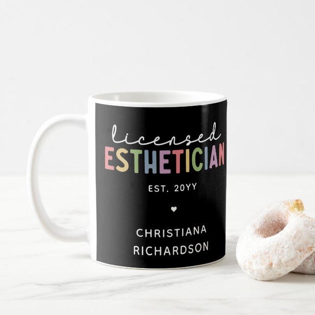 Custom Licensed Aesthetician Cosmetologist Coffee Mug (With Donut)