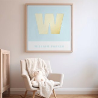 Custom Light Blue Name & Monogram Retro Nursery Foil Prints