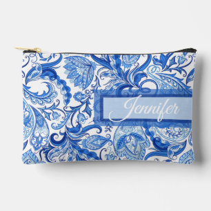 Custom Light Dark Blue White Floral Paisley Art Accessory Pouch