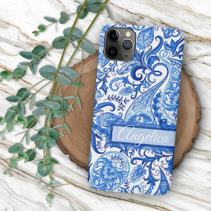 Custom Light Dark Blue White Floral Paisley Art iPhone 15 Mini Case