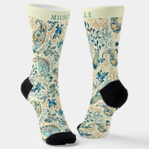 Custom Light Dark Blue White Paisley Pattern Socks