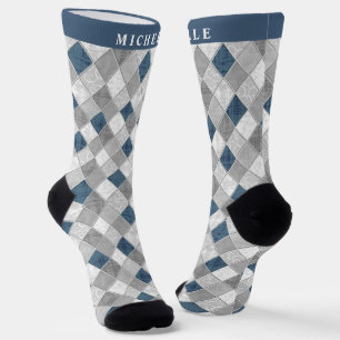 Custom Light Dark Grey Blue Marble Argyle Pattern Socks