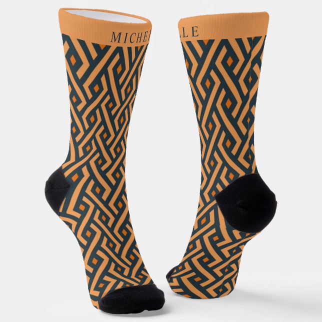 Custom Light Dark Orange Blue Geometric Pattern Socks (Angled)