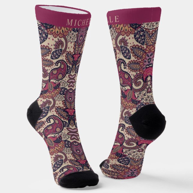 Custom Light Dark Pink Purple Paisley Pattern Socks (Angled)