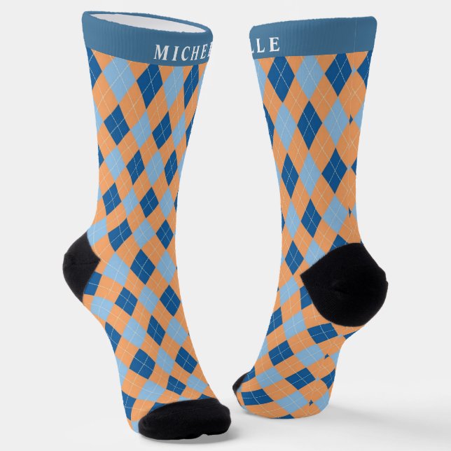 Custom Light Orange Dark Blue Argyle Pattern Socks (Angled)