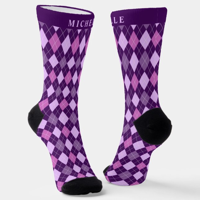 Custom Light Purple Dark Violet Pink Argyle Patter Socks (Angled)