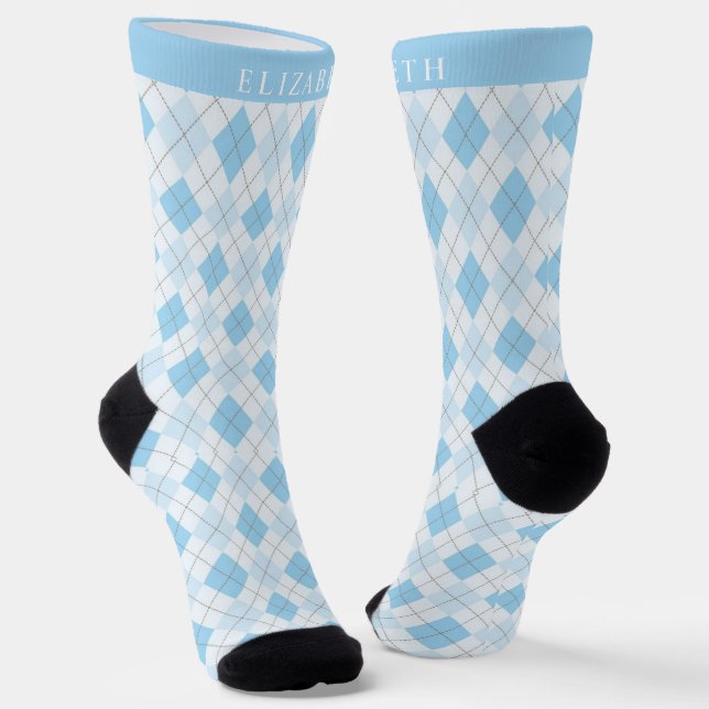 Custom Light Soft Bright Blue Argyle Pattern Socks (Angled)