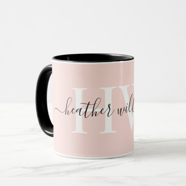 Custom Light Soft Pastel Solid Pink White Monogram Mug (Front Left)