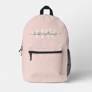 Custom Light Soft Pastel Solid Pink White Monogram Printed Backpack