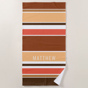 Custom Light Tan Coral Red Dark Brown Stripes Beach Towel