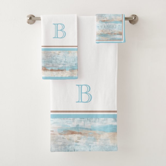 Custom Light Teal Aqua Blue Taupe White Stripes Bath Towel Set (Insitu)