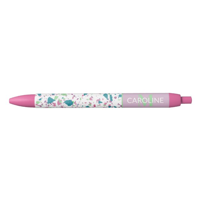 Custom Light Teal Blue Green Pink Violet Terrazzo Black Ink Pen (Front)