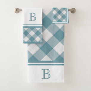 Custom Light Teal Blue White Shabby Chic Gingham Bath Towel Set