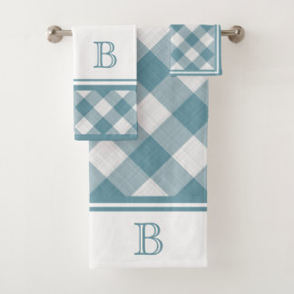 Custom Light Teal Blue White Shabby Chic Gingham Bath Towel Set