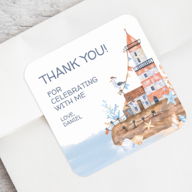 Custom Lighthouse Nautical Square Sticker (Personalized nautical party thank you sticker)