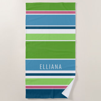Custom Lime Green Dark Blue Hot Pink White Stripes Beach Towel