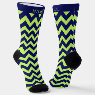 Custom Lime Green Navy Blue Chevron Pattern Socks