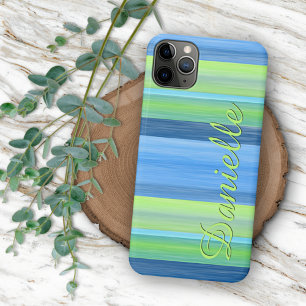 Custom Lime Green Turquoise Watercolor Stripes iPhone 13 Pro Max Case
