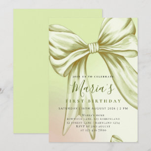 Custom Lime Green Watercolor Bow First Birthday Invitation