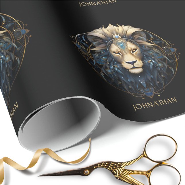 Custom Lion Zodiac Symbol Black Gold Cosmic Leo Wrapping Paper (Creator Uploaded)