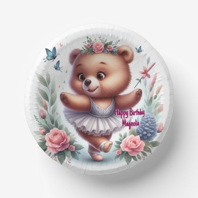 Custom Little Ballerina Bear Birthday Paper Bowls Paper Plate (Front)