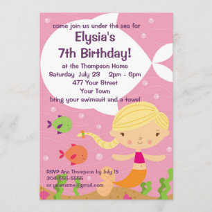 Custom Little Girls Mermaid Birthday Party Invitation