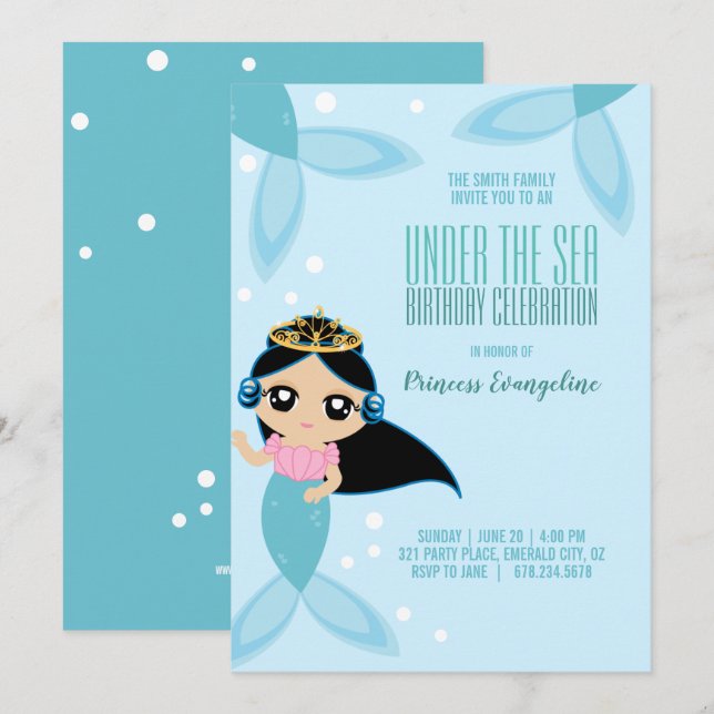custom little MERMAID BIRTHDAY black hair Invitation (Front/Back)