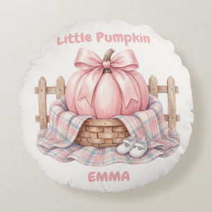 Custom Little Pumpkin Pinkoween Baby Watercolor Round Pillow