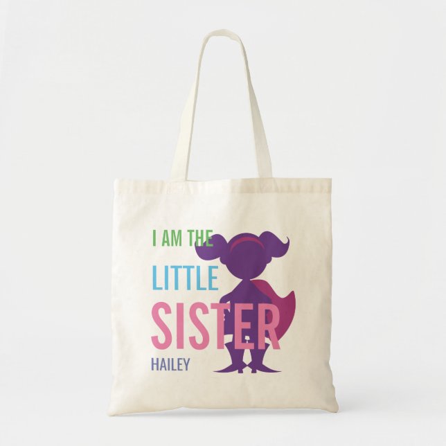 Custom little sister superhero silhouette girls tote bag (Front)