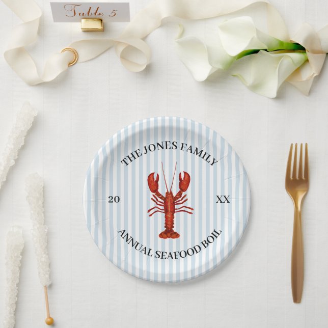 Custom Lobster Boil Nautical Blue Stripe Paper Plate (Wedding)