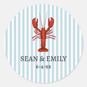 Custom Lobster Painting Nautical Stripe Wedding Classic Round Sticker