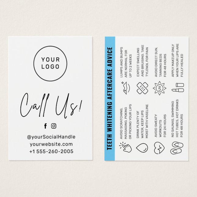 Custom Logo Any Colour Teeth Whitening Care Card (Front & Back)