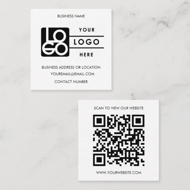 Custom Logo Black White QR Code Website  Square Business Card (Front/Back)