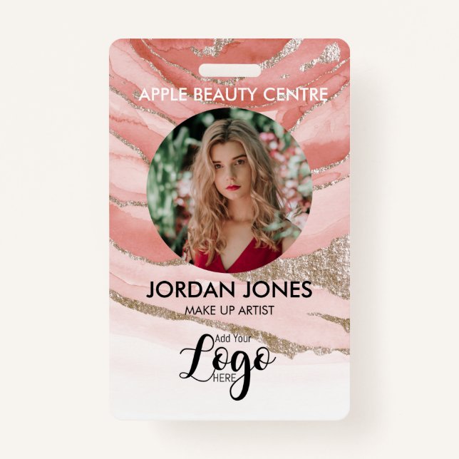 custom logo business staff Photo pink glitter ID B Badge (Front)