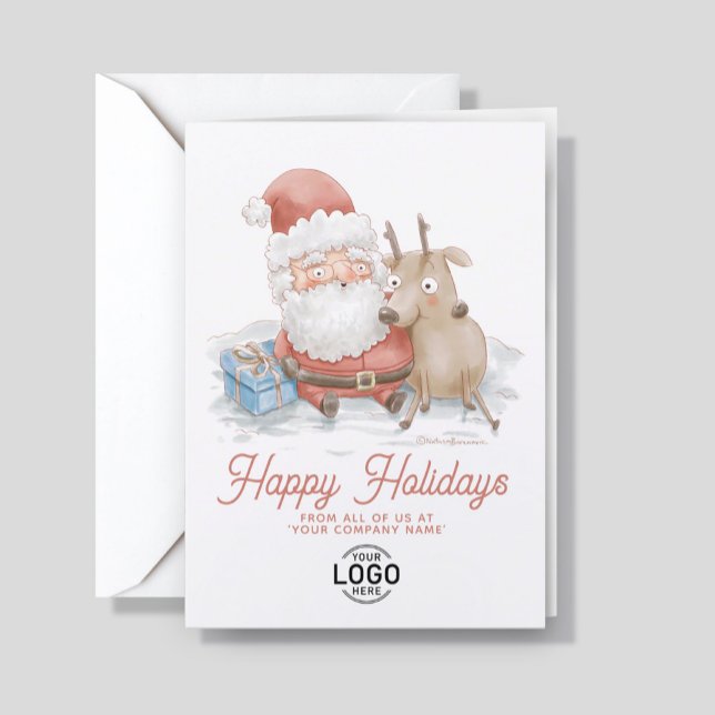 Custom Logo Cute Sant Reindeer Friends Business Holiday Card (Creator Uploaded)