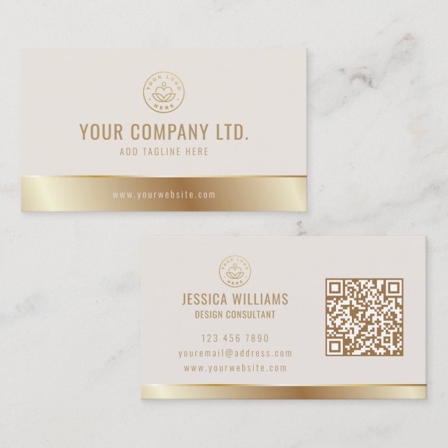 Custom Logo Elegant Beige Gold QR Code Business Card (Front/Back)