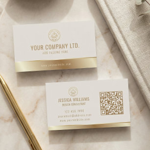 Custom Logo Elegant Beige Gold QR Code Business Card