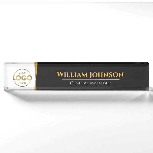 Custom Logo Elegant Black Gold Desk Nameplate (Front)