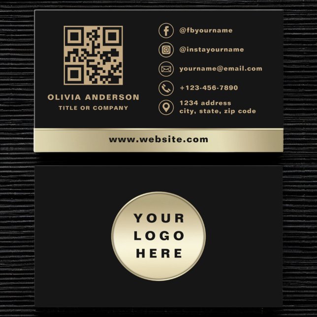 Custom Logo Elegant Black Gold QR Code Business Card (Creator Uploaded)