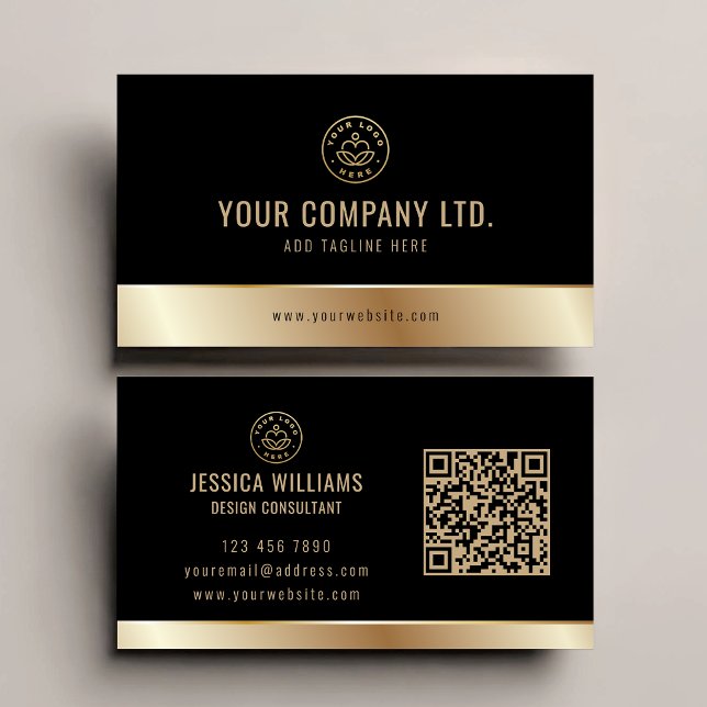 Custom Logo Elegant Black Gold QR Code Business Card (Creator Uploaded)