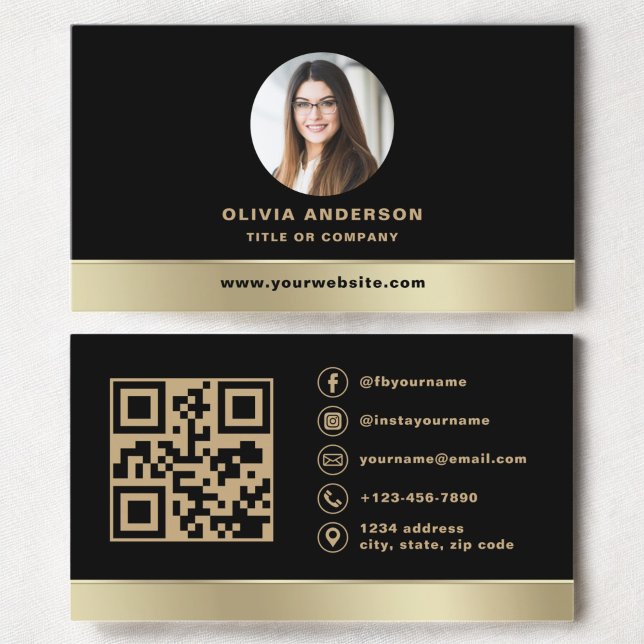 Custom Logo Elegant Black Gold QR Code Photo Business Card (Creator Uploaded)