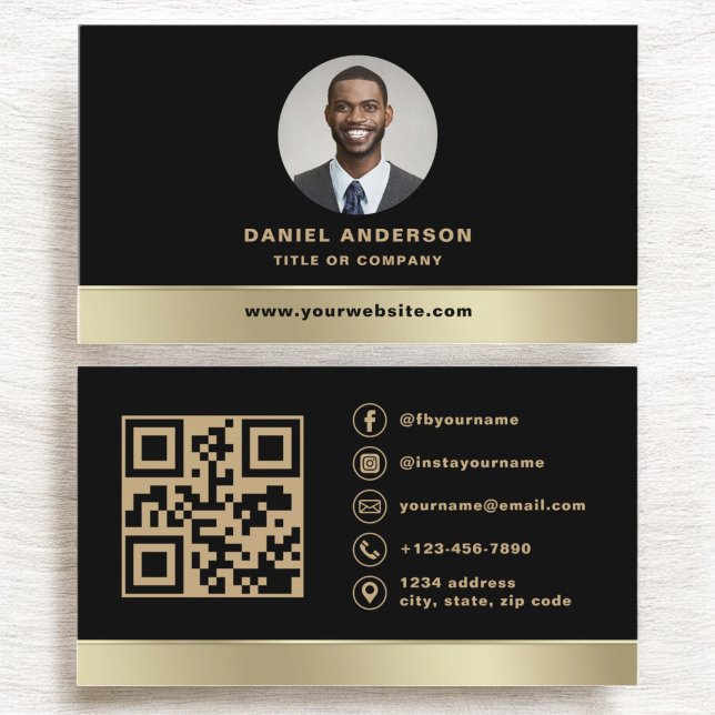 Custom Logo Elegant Black Gold QR Code Photo Business Card (Creator Uploaded)
