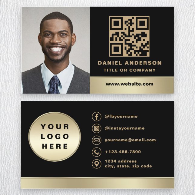 Custom Logo Elegant Black Gold QR Code Photo Business Card (Creator Uploaded)
