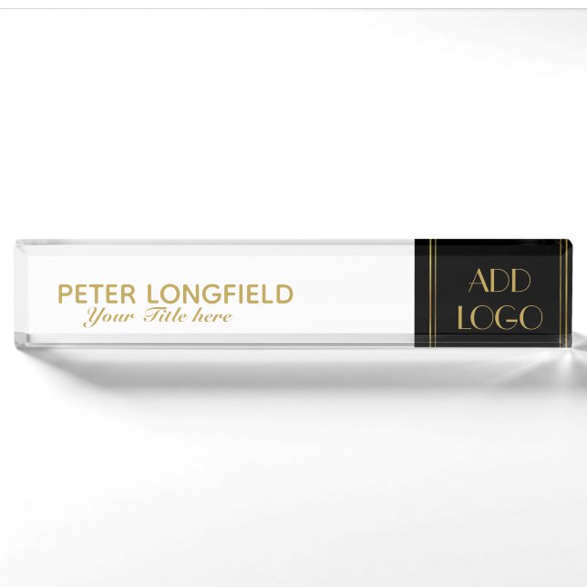 Custom Logo Elegant Black White Desk Nameplate (Front)