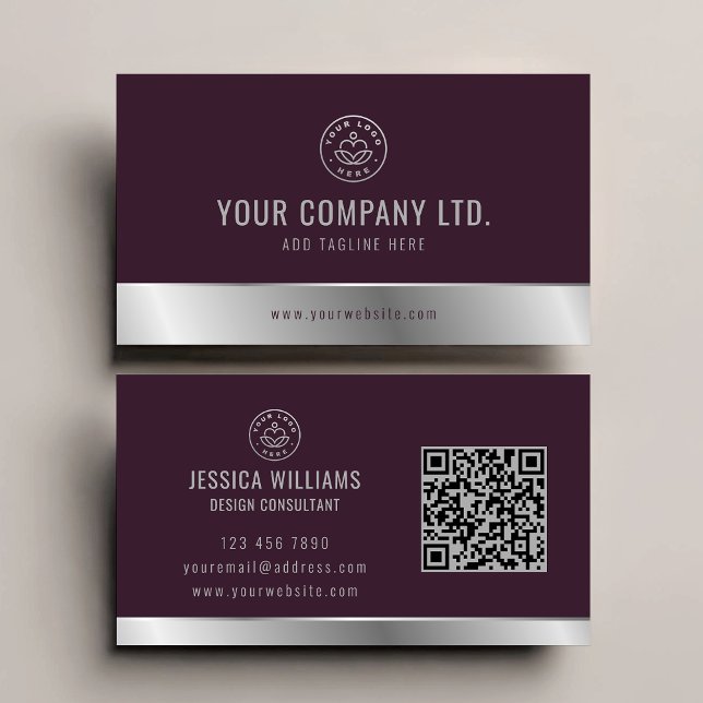 Custom Logo Elegant Burgundy Silver QR Code Business Card (Creator Uploaded)