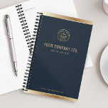 Custom Logo Elegant Navy Blue Gold Planner<br><div class="desc">Plan your business goals in style with this sophisticated custom planner design. A rich navy blue backdrop is beautifully accented with bold gold foil details, creating a timeless and elegant aesthetic.</div>