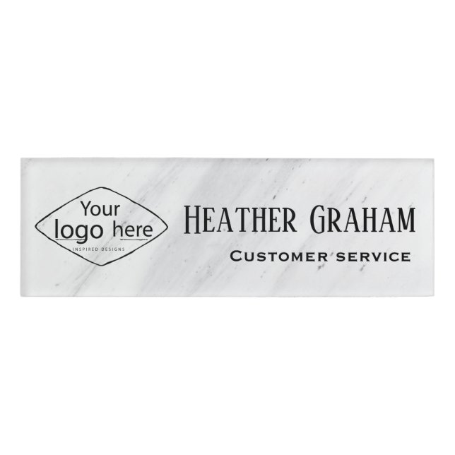 Custom Logo Elegant White Marble Design Name Tag (Front)