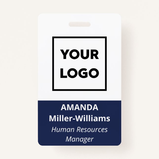 Custom Logo Employee Bold White Navy Blue Name Badge (Front)