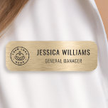 Custom Logo Employee Magnetic Safety Pin Faux Gold Name Tag<br><div class="desc">Make a sophisticated statement with this faux brushed gold name tag design. The sleek, rounded rectangular shape and elegant font create a professional and polished look. The subtle shimmer of the gold finish adds a touch of luxury, making it perfect for high-end events or corporate settings. Customize with your name...</div>