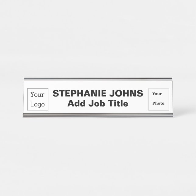 Custom Logo Employee Photo Simple Black White Desk Name Plate (Front)